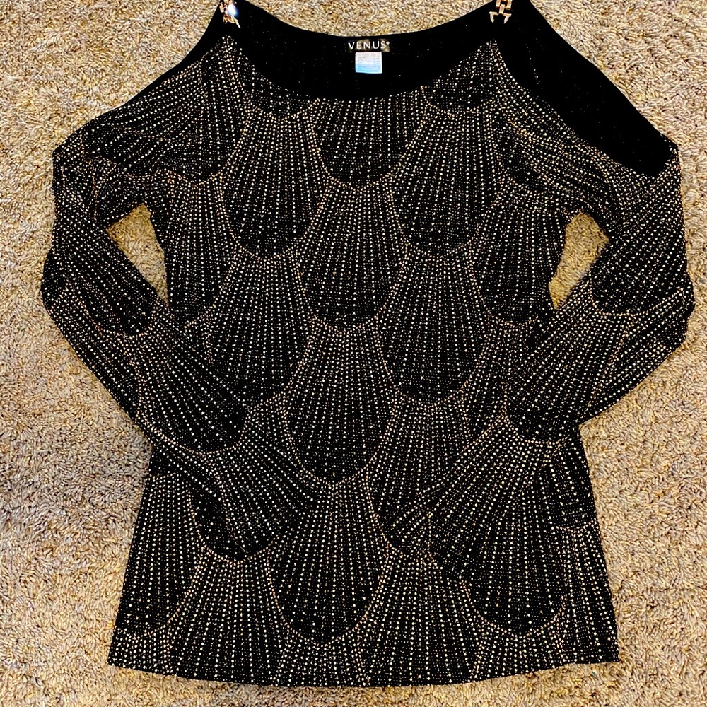 Venus Cold Shoulder Gold Beaded Blouse
